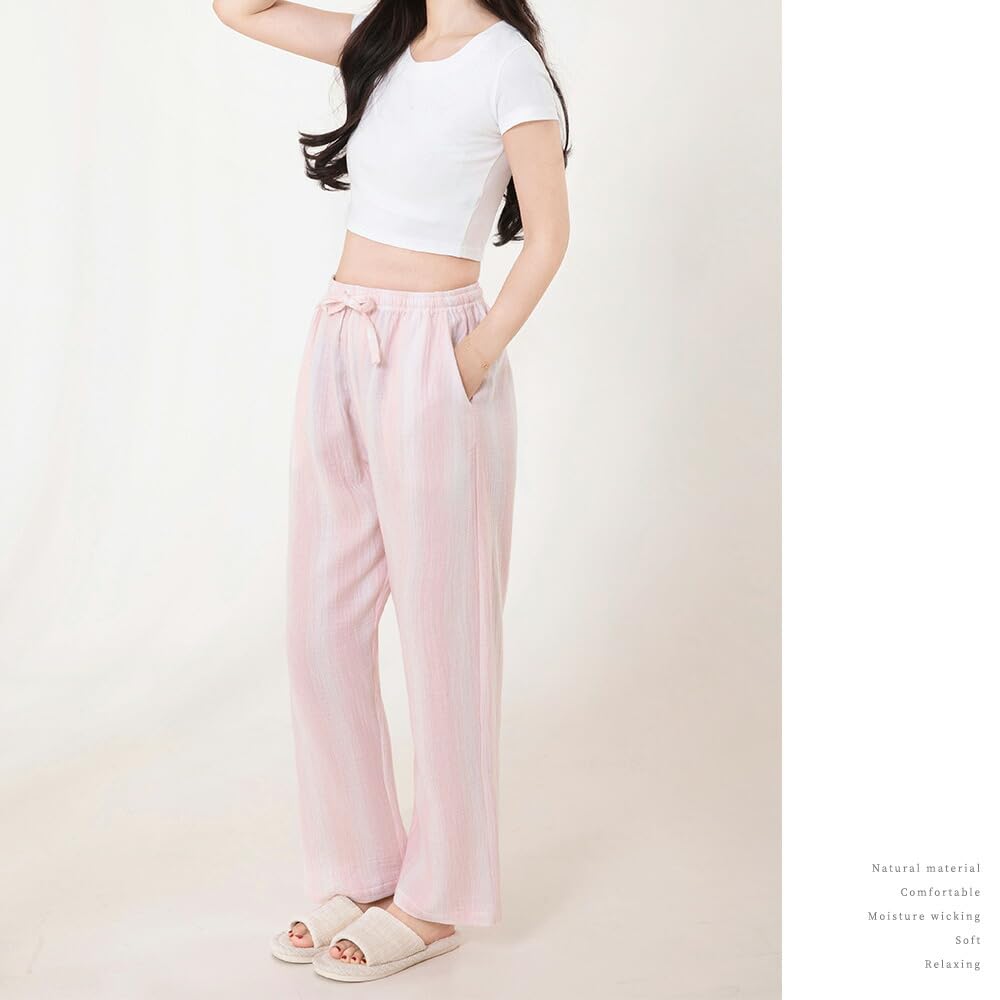 Yes Family Double Gauze Pajama Straight Striped Size Pink Women's Pants, 100% Cotton, Fit, Pattern, M,