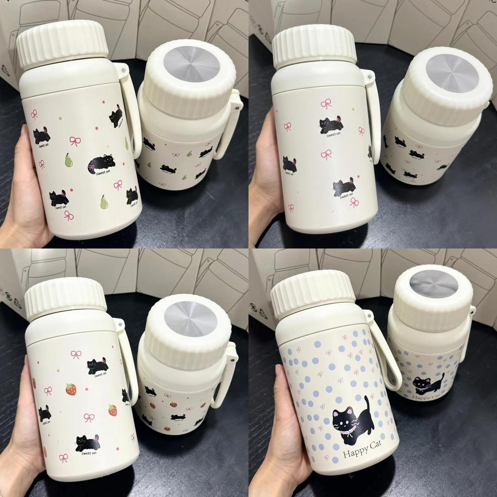 Cat Pattern Insulated Large Capacity Water Bottle With Leakproof Lid For Students And Commuters
