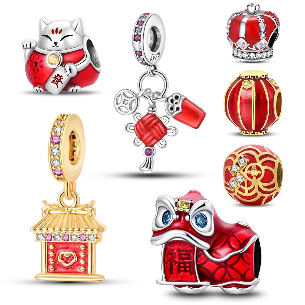 Brand New Chinese Style Series Copper Metal Red Lantern Lucky Cat Charm Bead Components Compatible With Authentic Original Bangle Charm Bead