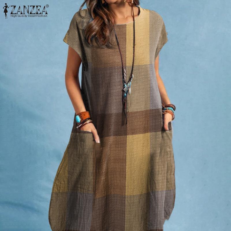 

ZANZEA Женское повседневное летнее платье в клетку с короткими рукавами и круглым вырезом