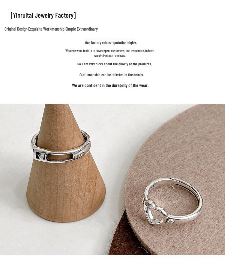 Yinruitai S925 Sterling Silver Heart Adjustable Women's Ring - Open, Cold Style, Versatile Fashion