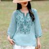 Women S Ramie Shirt 3 4 Sleeve V Neck Embroidered Elegant Top