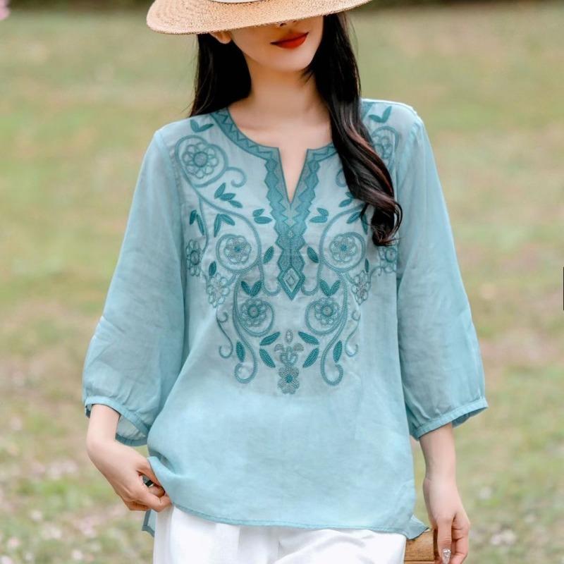 Women S Ramie Shirt 3 4 Sleeve V Neck Embroidered Elegant Top