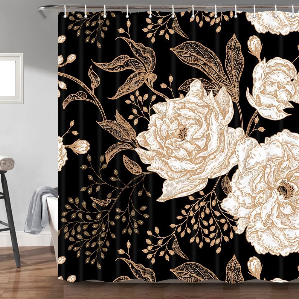 

Torich Black Gold Floral Shower Curtain, Boho Dark Roses Leaves Botanical Aesthetic Flower Shower Curtain for Bathroom with Hook 90x180cm