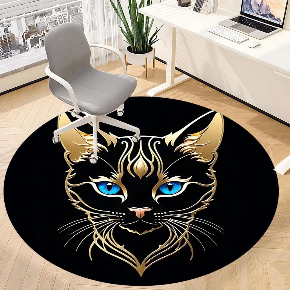 1pc Golden Feline Office Round Area Rug, Indoor Mat Suitable ForOffice, Under Office Chairs Bedroom Living Room Home Decor, Room Deco T120