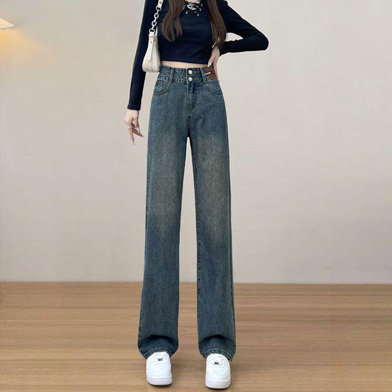 Women's Retro Double-Breasted High Waist Wide Leg Jeans - Spring/Autumn Straight, Loose, Slimming, Floor-Length