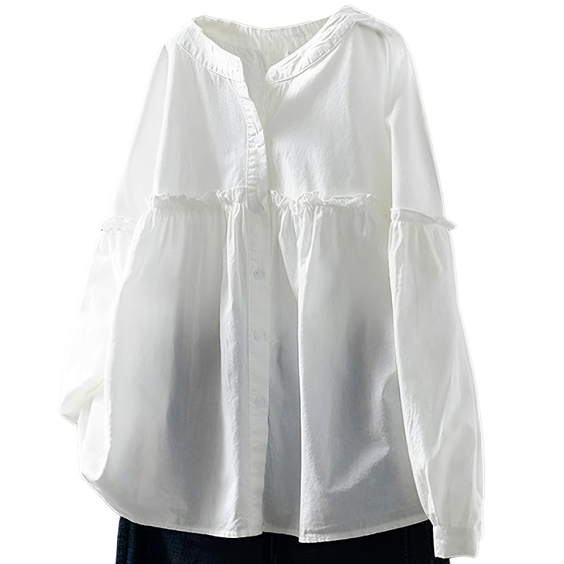 

[Niman Bai] long sleeve blouse ladies shirt stripe Plain color puff sleeves volume sleeves tops Cute cute white 5S-N02-WHXL