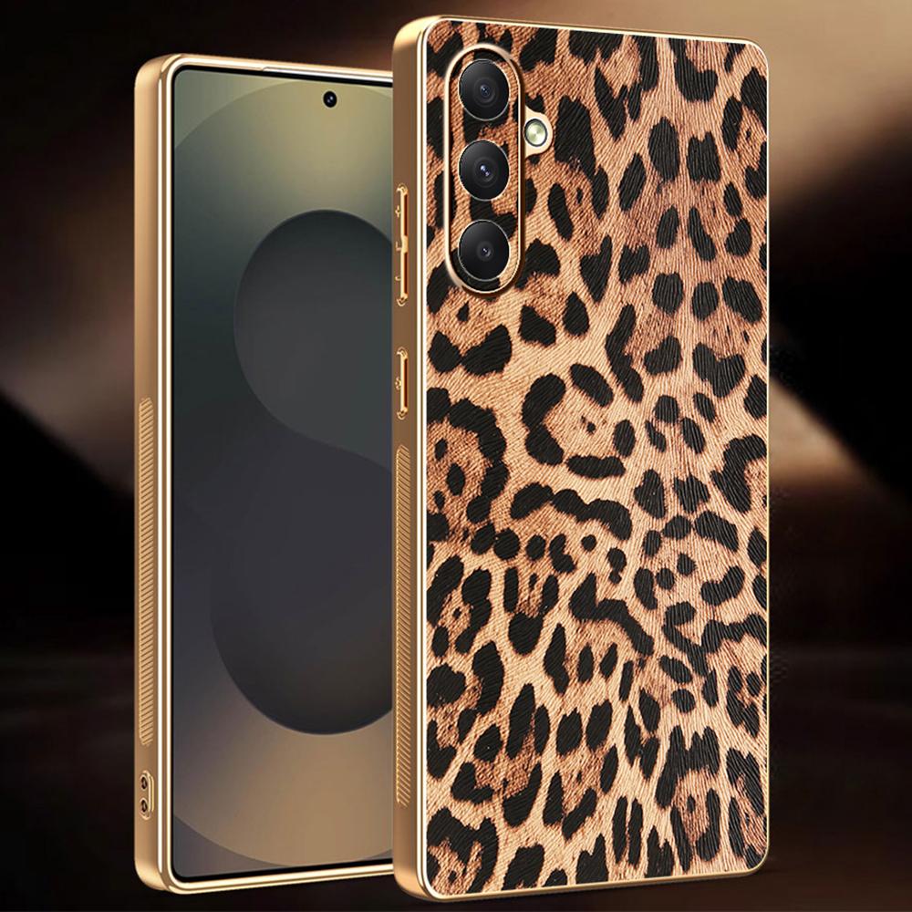 For Samsung Galaxy A35 5G Case Leopard Print PU Leather Coated PC + TPU Electroplating Phone Cover