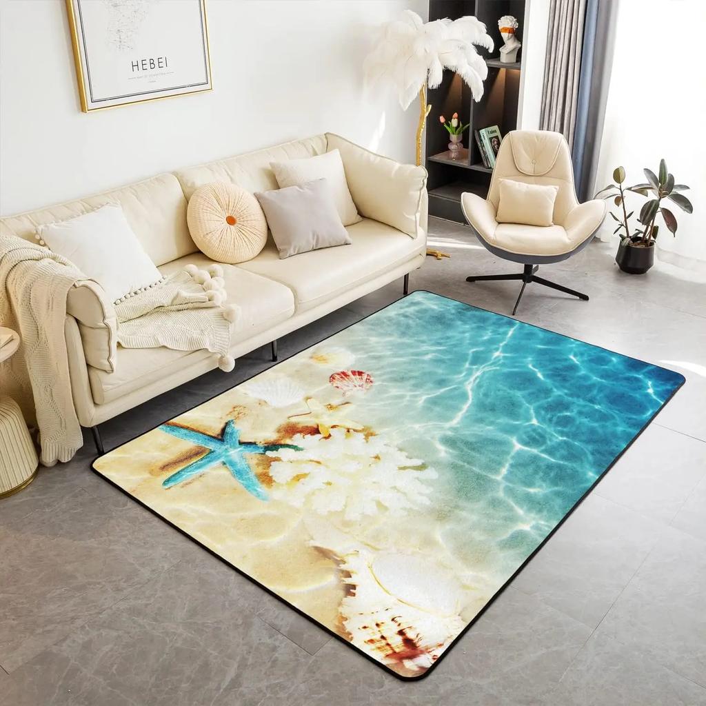 Ocean Area Rugs Beach Rug, Coastal Nature Theme Teal Carpet Boys Girls Hawaiian Sea Wave Animal's Shell Starfish Rug for Bedroom