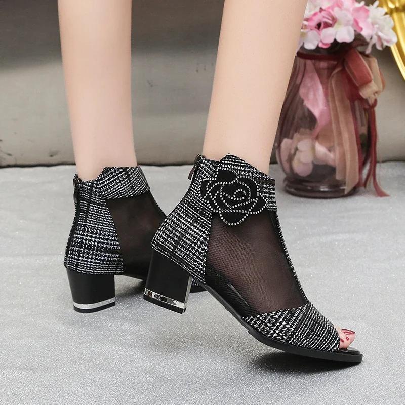 Women's High Heels 2024 New Open Toe Sexy Outdoor Matching Hollow Breathable Design Summer Fashion Mesh Zipper Women's Boots