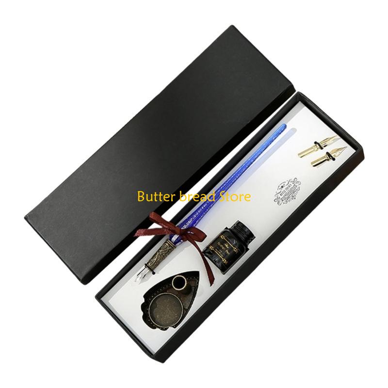 W89C Glass Dip Pen and Inks Set with Pen Holder Replaceable Pen Tip Beginner Caligraphy Set for Art Writing Drawing Signing