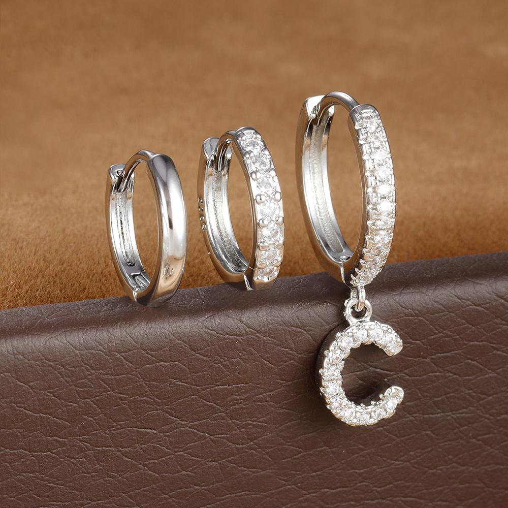 3pcs Silver Color Stainless Steel 26 Letters Hoop Earrings Set For Women A-Z Crystal Zircon Geometric Earrings Wedding Jewelry