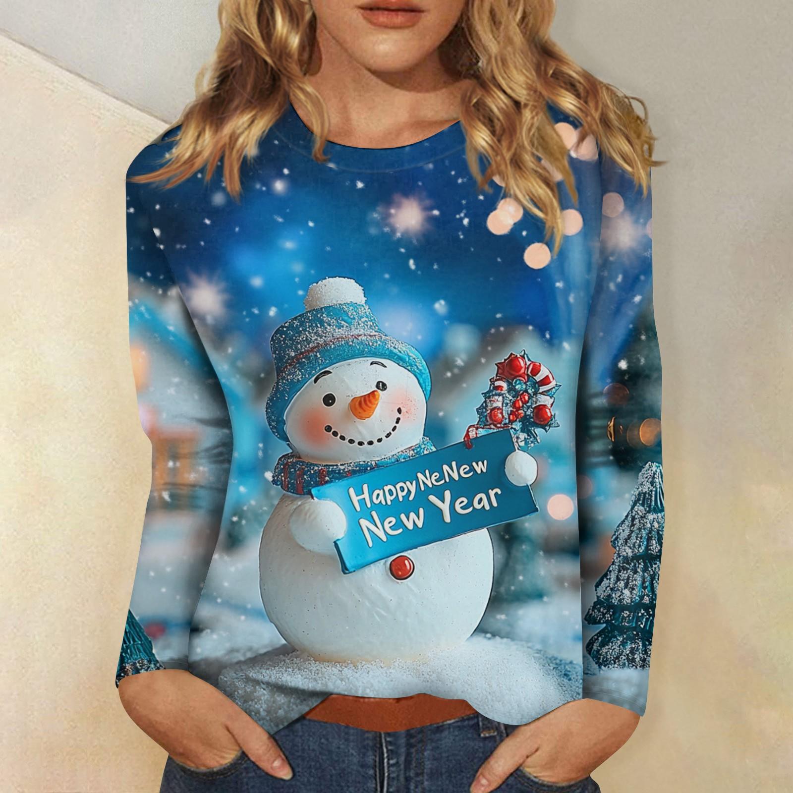 

Женский повседневный модный сексуальный удобный рождественский принт с круглым вырезом и длинными рукавами XXXL