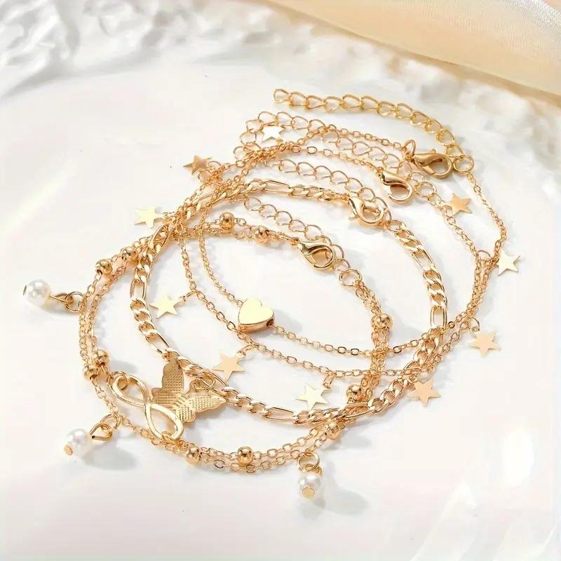 Trendy European Multi-Layer Women's Anklet Set with Tassels for Beach Vacations
