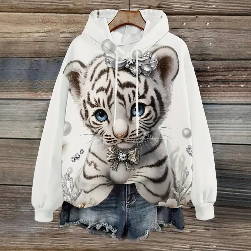 Womens Oversized Hooded Sweatshirt With Cartoon Animal Print Casual Streetwear Top Fall 2025