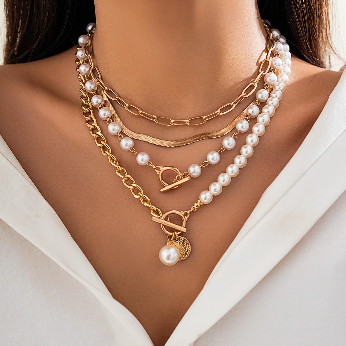 Gothic Metal Disc Pendant Flat Snake Chain Clavicle Necklace Punk Imitation Pearl Chain Multi Layered Choker Women Neck Jewelry
