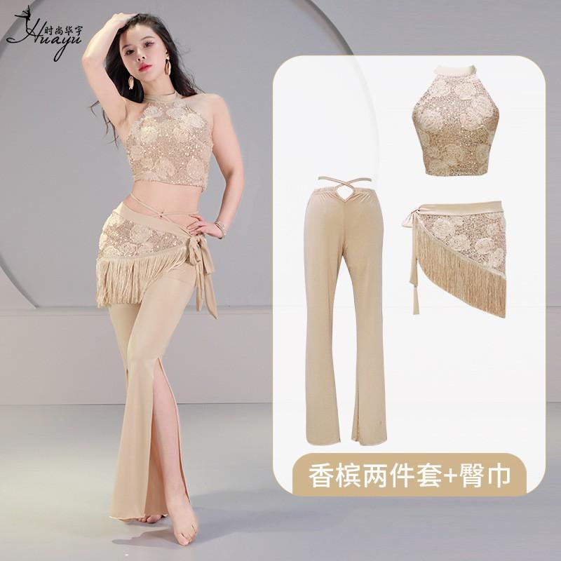 Belly Dance Costume Set With Sequins Women - Stretchy Spandex Performance Outfit In Wine Red Champagne