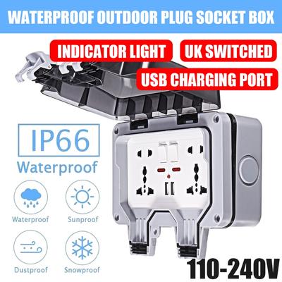 IP66 13A wetterfeste Outdoor-Box-Wandsteckdose, doppelte Universal-/UK-Schaltsteckdose mit USB-Ladeanschluss, 110–240 V