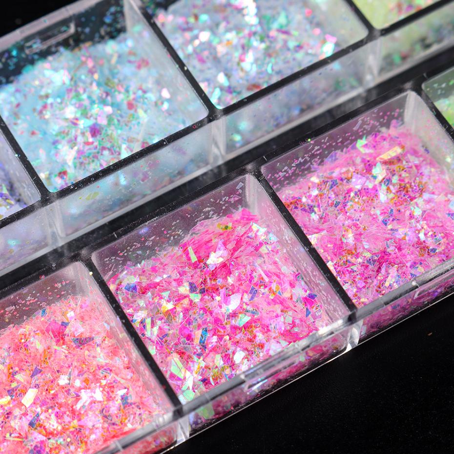 12 Grids Aurora Chameleon Nail Glitter Flakes Irregular Crystal Glass Sequins Powder Shiny Mermaid Paillette Nail Art Decoration