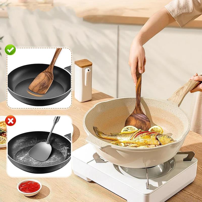 2Pcs Wooden Spatula Acacia Wood Long Handle Flat Frying Turner Spatulas Nonstick Cooking Utensils Cooking Tools Kitchen Supplies4