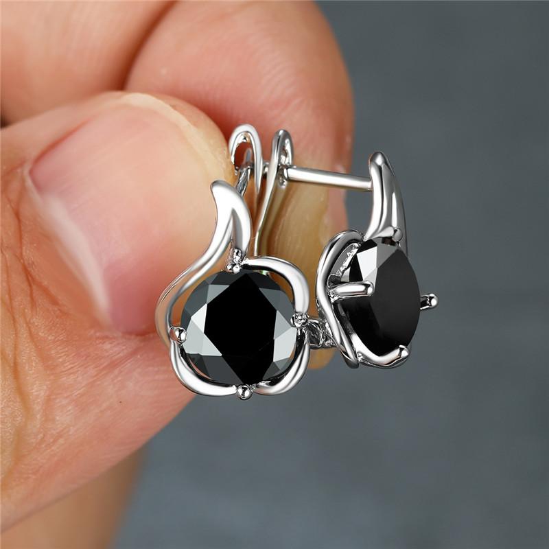 Round Rainbow Red Blue Green Yellow Black Stone Flower Hoop Earrings For Women Silver Color White Zircon Small Ear Buckle Gifts