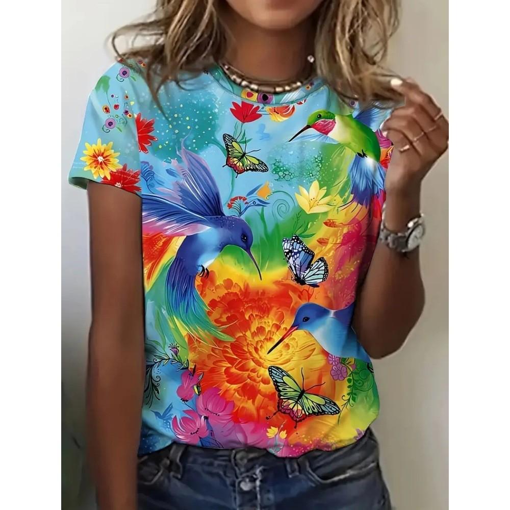 Color Animal Bird 3D Print Women Casual O-Neck Short Sleeve Harajuku Streetwear Y2k Tops