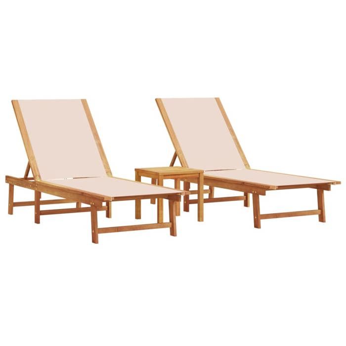 VidaXL Chaises longues lot de 2 table crème bois d'acacia et textilène, lit de soleil, lit de repos, chaise longue 3279252