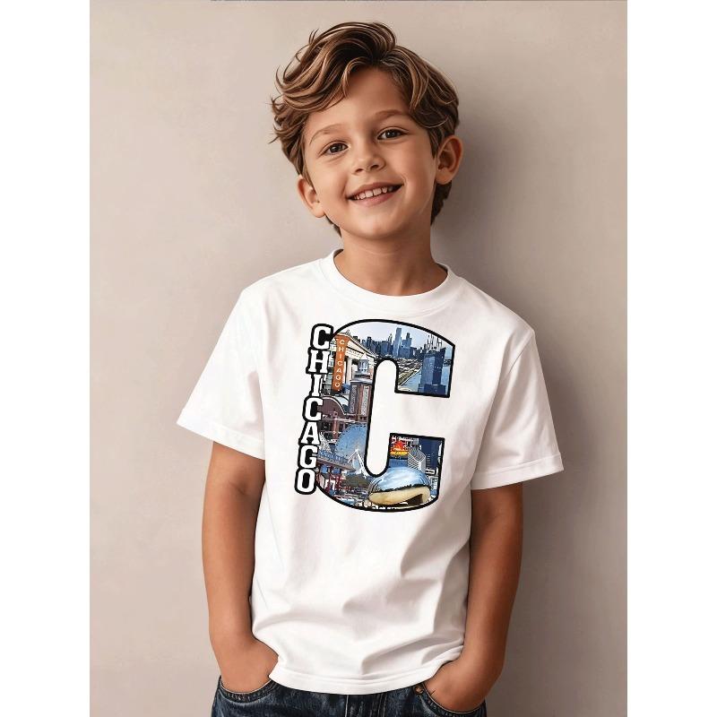Boys Crew Neck Short Sleeve T-Shirt with Creative Letter G Print 110 белый