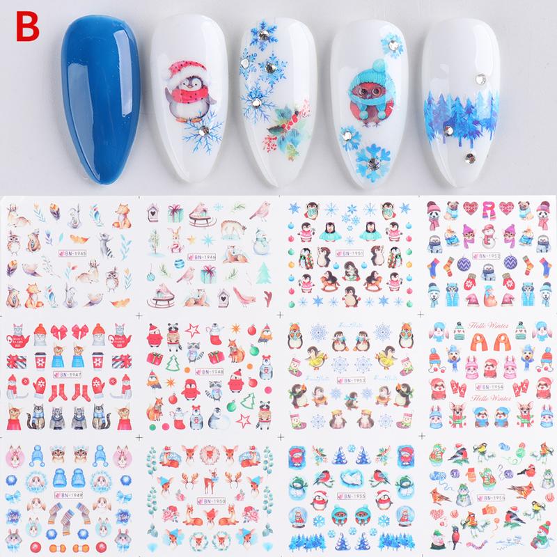 2 SheetS Winter Nail Art Designs 3D Cute Sticker Cartoon Christmas Slider New Year Holiday Decal Manicure Decorations