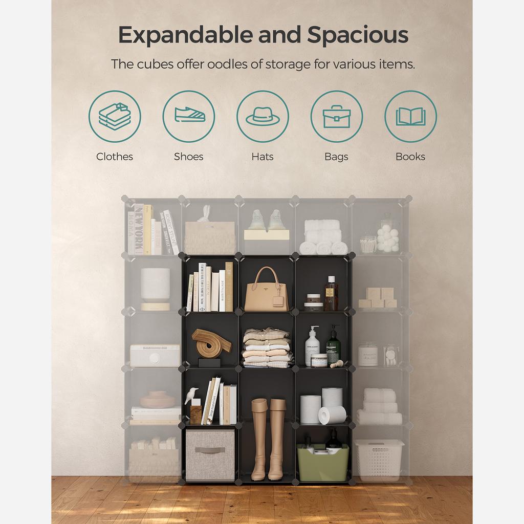 SONGMICS 15-Cube Storage Unit, Shoe Rack, DIY Shelving System, Stackable Cubes, PP Plastic Shelf, Wardrobe, Closet Divider, for Bedroom, Office, Black