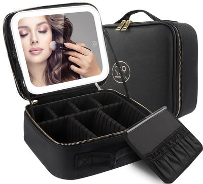 MOMIRA Makeup Box with Mirror, Cosmetic Storage Box, Makeup Case with Adjustable Dividers, 3-Color Adjustable LED Light, Makeup Brush Case, Handheld,