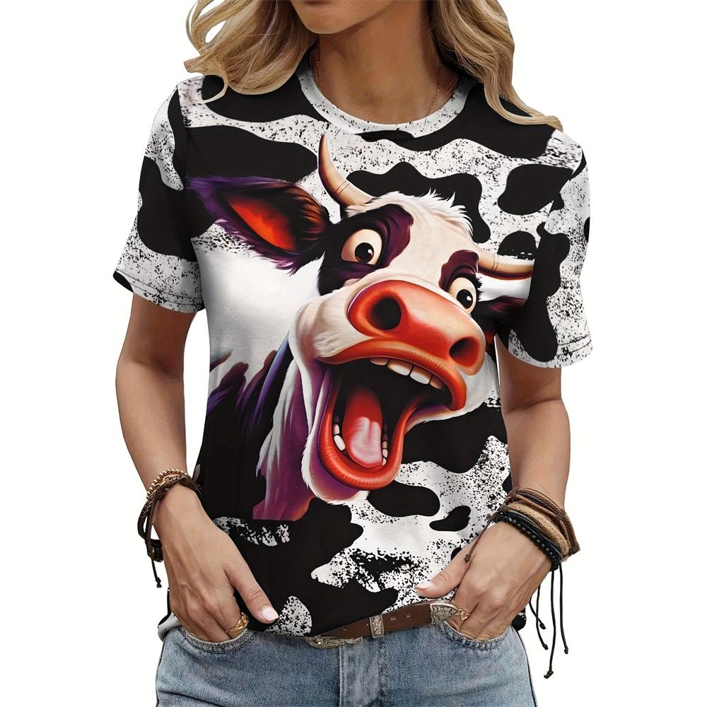 Summer Fashion Short Sleeve Casual Top Loose Women's T Shirt Cute Cat Cow Pattern Printed Woman Clothing Y2k Ladies Clothes Tees
