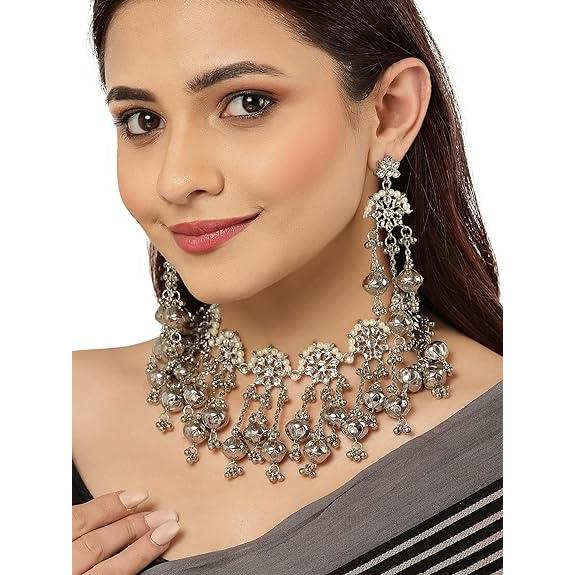 Комплект ожерелья-колье Kundan из окисленного серебра с дизайнерскими серебряными — фото 3