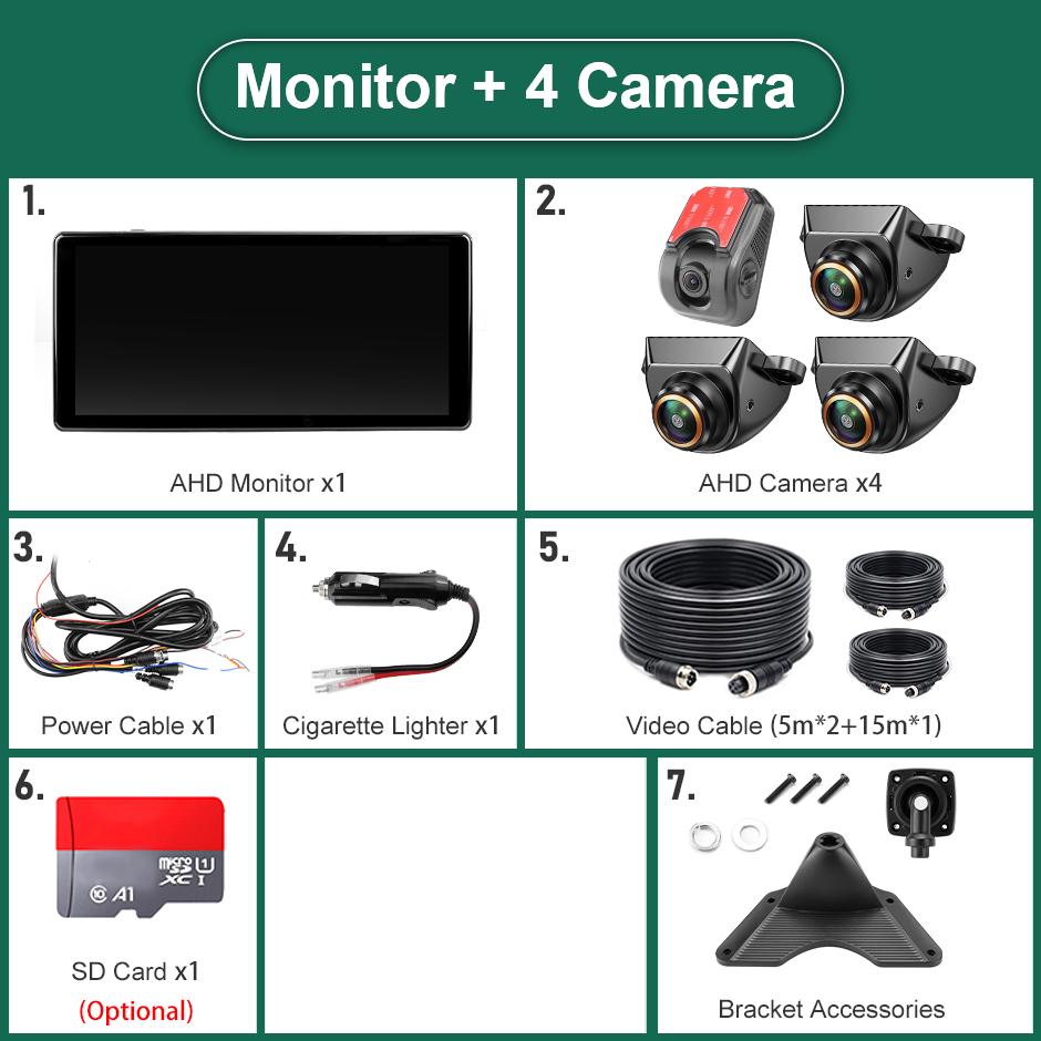 Wireless Carplay Android Auto10.36'' 4 Split Screen Dash Cam Monitor with 1080P Mini Front Rear Camera For Truck Trailer Bus RVs