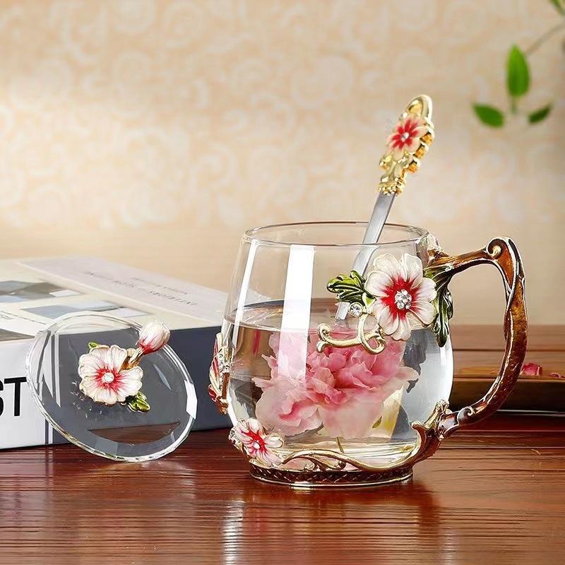 Household Enamel Colored Flower Glass Water Cup Round Coffee Cup Breakfast Milk Juice Cup