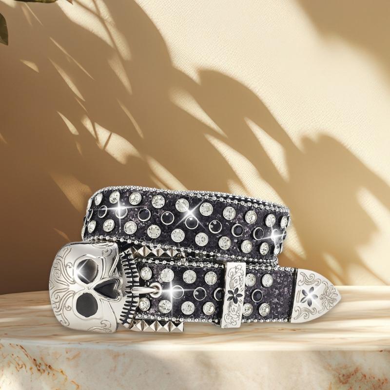 Metal Skull Buckle Belt for Women Men with Rhinestones Studded Sequins Hiphop Belt for Jeans Popular Waist Accessories