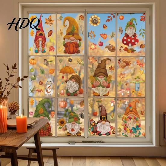 Office Glass Partition Decorations 9Pcs Fall Gnome Static Window Clings Thanksgiving Maple Leaf Turkey Pumpkin Autumn Decals PVC Stickers,