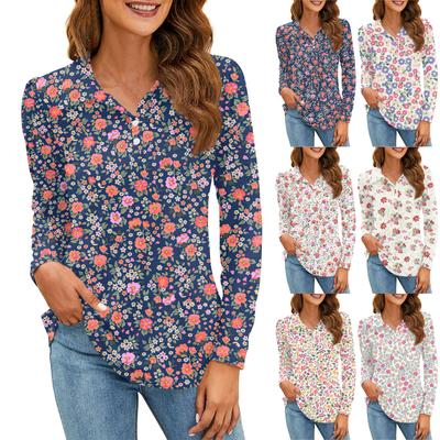 Women's Fashion Printed Shirt Button Collar V Neck Long Sleeve Loose Shirt Tops