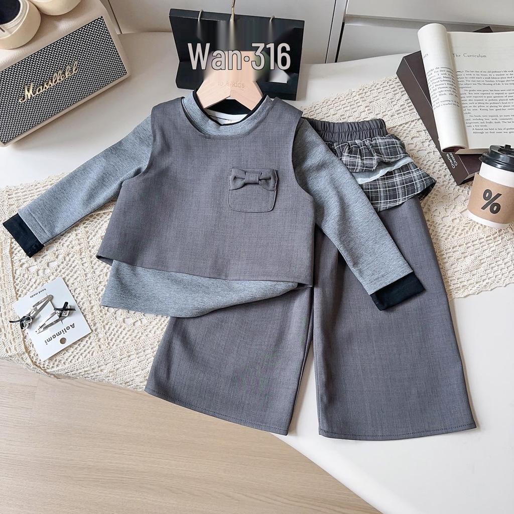Girls' Korean Style Three-Piece Outfit: Fashionable Vest, Base Shirt & Long Pants for Autumn & Spring (AQB005)