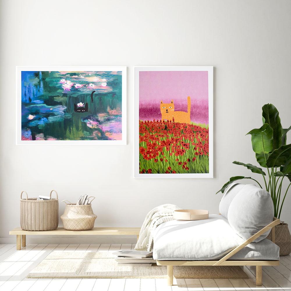 Interesant floarea soarelui, nufărul și pisica poster imprimare dovleac pânză pictură perete artă imagine