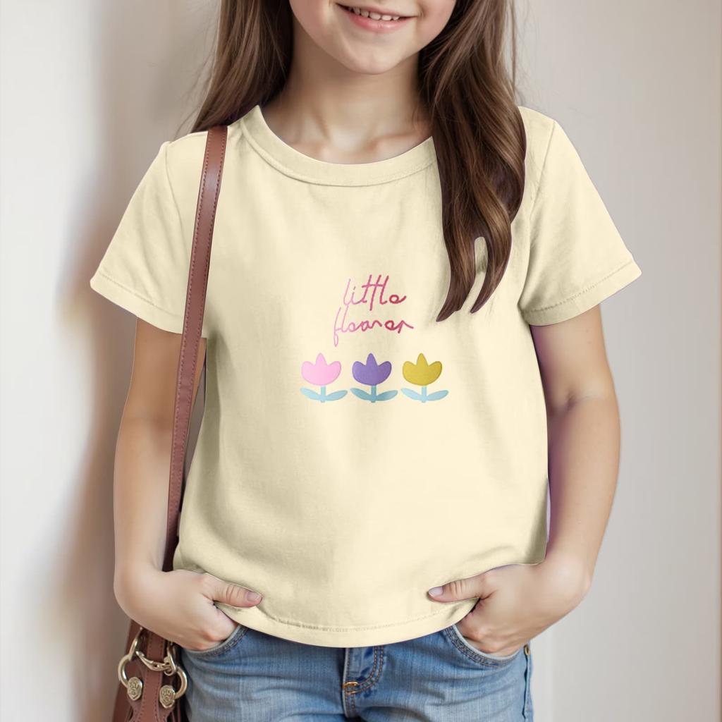 Girls Floral Print Short Sleeve T-Shirt Crew Neck Casual Top Lightweight Comfortable Fit for Everyday Wear