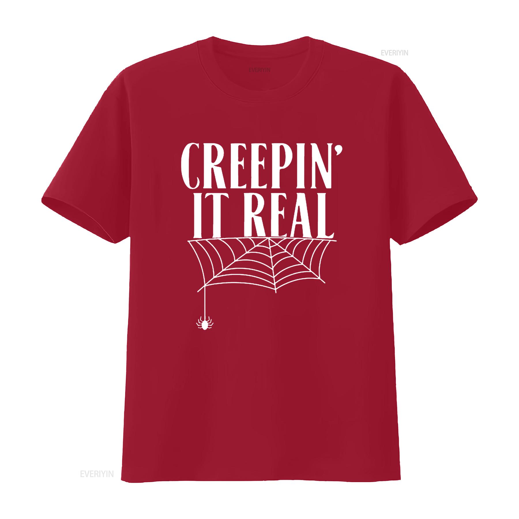 Mens Creepin It Real Halloween Spider Cobweb T Shirt Black 2X Large vintage Washed streetwear Casual homme designer clothes S