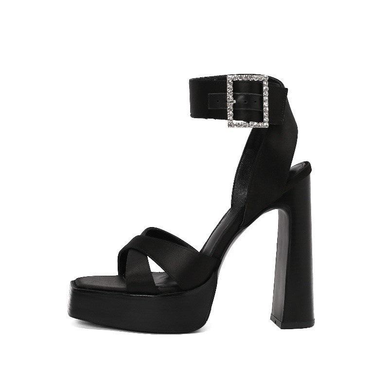 

Сексуальные водонепроницаемые туфли на толстой подошве, маленький человечек, супер высокие каблуки, женские атласные туфли на толстом каблуке, банкетные сандалии с открытым носком 40 чёрный