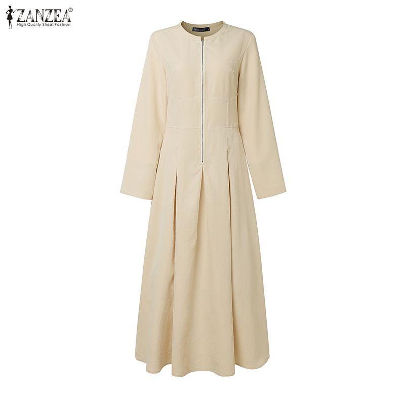 ZANZEA Vestido Largo Casual de Línea A con Manga Larga y Cuello Redondo para Mujer con Cremallera
