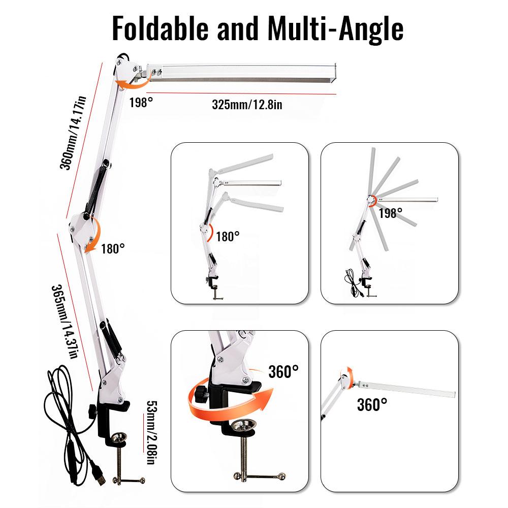 LED skládací kovová stolní lampa Klip na světelnou svorku Stmívací stolní lampa s dlouhým ramenem 3 barvy nastavitelné pro počítače v obývacím pokoji