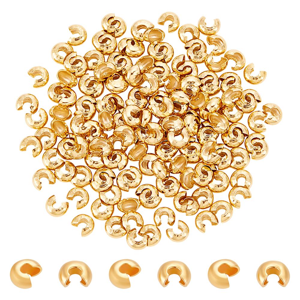 150Pcs Brass Crimp Bead Cover, Lead Free & Cadmium Free, Real 24K Gold Plated, 4x2mm, Hole: 1.5mm