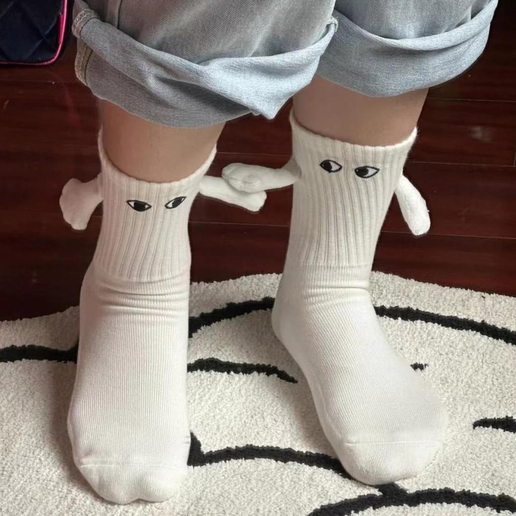 Moin Moin Ankle Socks with Faces and Holding Set of 2 Animal Couple White and Cold 2401scs4 Hands, Eyes, Magnetic, Fun, Black, Ribbed, Stretchy,