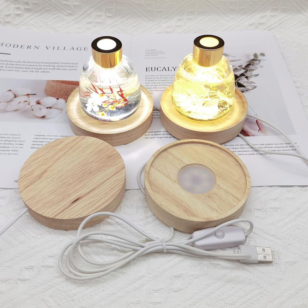 Wood Round LED Night Light Base Art Display Holder USB Lamp for Crystals Glass Ball Resin Art Decoration 100mm