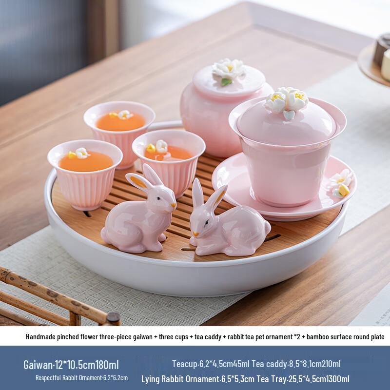 Pink Dehua White Porcelain Tea Set with Floral Design 15 Three-Talent Gaiwan 7-Piece Set + Round Plate
