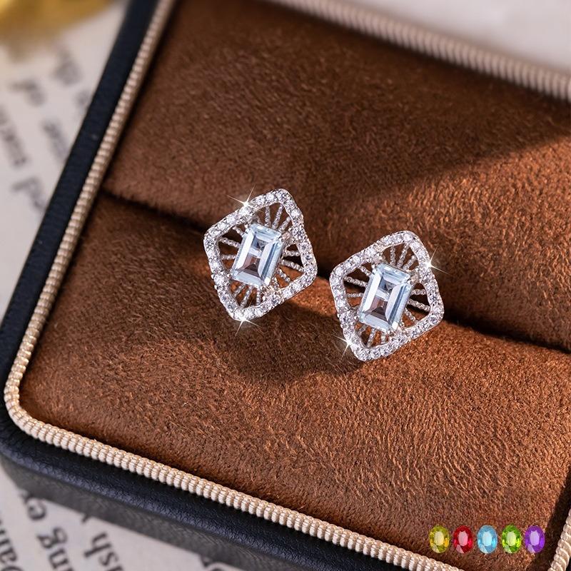 S925 Silver Stud Earrings with Natural Crystal/Topaz, Hollow Geometric Jewelry for Women